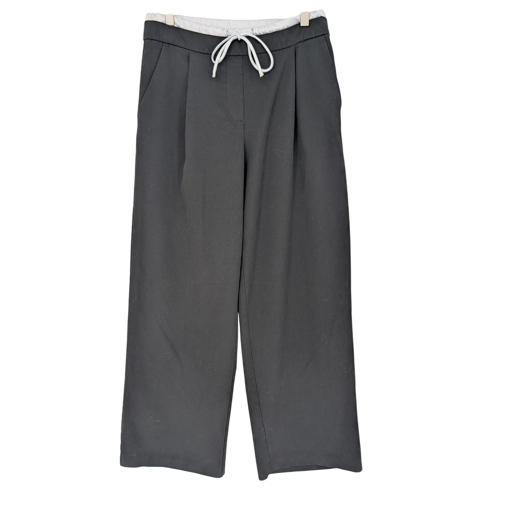 Zara Black Wide Leg Pants Women Small Pleated Drawstring High Rise Minimalist